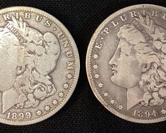 (2) 1894 & 1899 MORGAN SILVER DOLLARS, O-MINT,