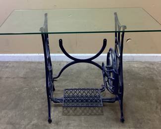 GLASS TOP TABLE w SEWING MACHINE BASE