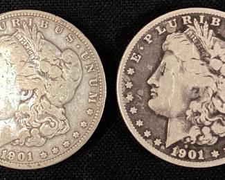 (2) 1901 MORGAN SILVER DOLLARS, NEW ORLEANS MINT,