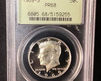  1969-S FROSTED HEAD KENNEDY HALF DOLLAR PR68 BY PCGS