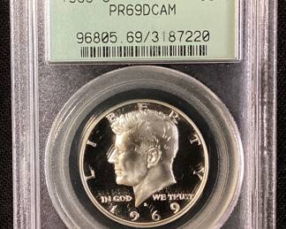 1969-S FROSTED HEAD KENNEDY HALF DOLLAR PR69DCAM
