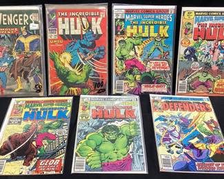 (7) ASSORTED MARVEL COMICS, 12cent THE AVENGERS, 12c INCREDIBLE HULK, 40c THE DEFENDERS, 35c INCREDIBLE HULK,
