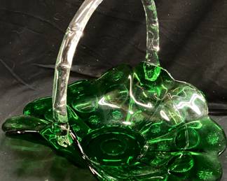  VTG. GREEN GLASS MOON & STARS BASKET,