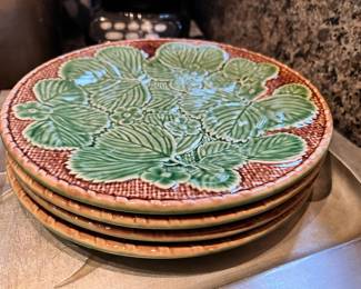 Bordallo Pinheiro Strawberry Leaves Buds Brown Basketweave Edge Dinner Plates - Set of 4
