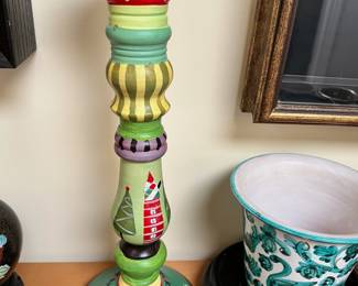 Wood Carved & Hand Painted Candle Stick Holder with Christmas Design