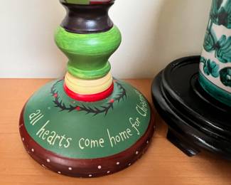 Wood Carved & Hand Painted Candle Stick Holder with Christmas Design