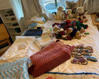 Assortment of Throw Blankets, Assortment of Teddy Bears and Plush Handmade Dolls
