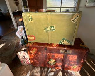 Olive Green Leather Antique Suitcase with Travel Stickers, Brown Leather Antique Suitcase with Travel Stickers