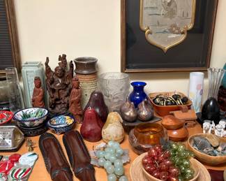 Carved Teakwood Laughing Buddha with Children Figurine, Two Kwan Yin Wood Carved Figurines