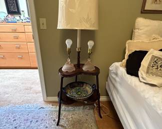 Two Tier Candlestick Floor Lamp/Side Table, 2 Art Deco Victorian Southern Belle Pink Glass Lamps