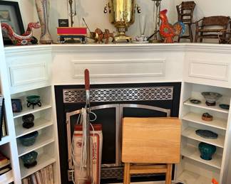 Alexander Pavel Batashev Russian Brass Samovar, Two 19th Century Brass Whale Oil Lamps, Wood Carved & Hand Painted Sweedish Dola Rooster, Mini Doll House Victorian Furniture - Bench and Accent Chair, Norwegian Wood Carved/Hand Painted Sea Serpent Ale Bowl