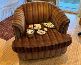 Brown, Red, and Green Striped Barrel Accent Chair