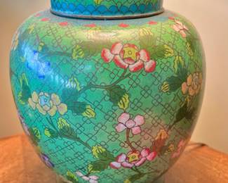 Turquoise Chinese Cloisonné Ginger Jar Lamp with Floral Design