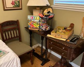19th Century Carved Mahogany Sheraton Drop Leaf Side Table, 19th Century Henri II French Renaissance Dining Chair