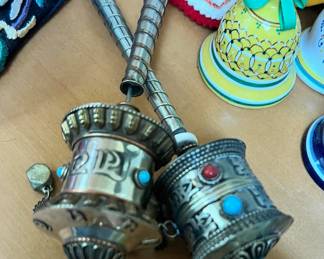 Two Tibetan Buddhist Hand Set Gemstones Prayer Wheels