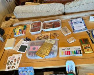 Solid Brass Stencils, Assortment of Rubber Stamps, Koss Pastels, Stamp Pads, Stickers