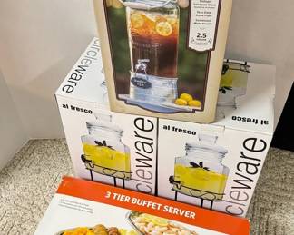 3 Beverage Dispensers And A 3 Tier Buffet Server
