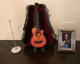 Acoustic Guitar Figurine With Case, 2 Stands, Framed Photo Of Guitarist 