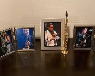 Brass Instrument Figurine Trio With Framed Photos Of Musicians 
