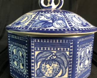 Vintage German blue and white pretzel holder with lid  porcelain 