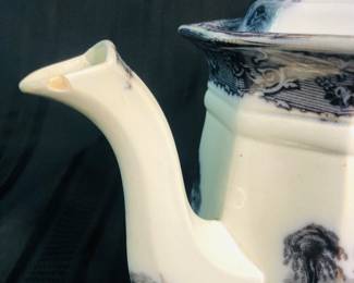 Scarce 1800s Antique Flow black and white Ironstone teapot with lid 