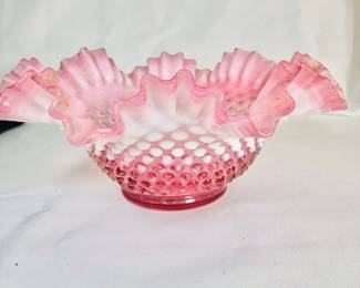 Large cranberry Opalescent Hobnail fluted top bowl 