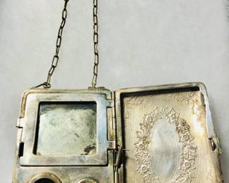 Antique marked German Silver Purse with built in coin holder and mirror 