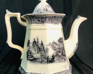 Scarce 1800s Antique Flow black and white Ironstone teapot with lid Rhine Scenery T J & J Mayer 