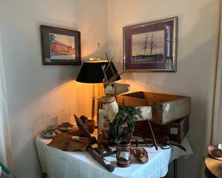 Great primitive and hand carved decorator items, old crates and beautiful Brig Niagara painting