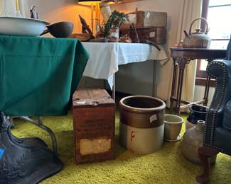 Antique Ammo Crate and crocks
