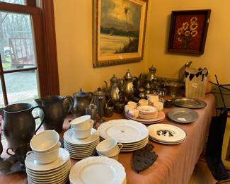Amazing collection of pewter ware, china, vase and original paintings
