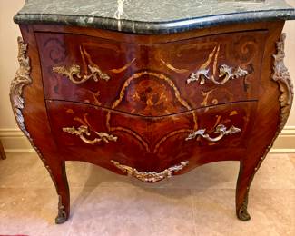 Vintage Louis XV Style Marble Top Small Bombe Chest