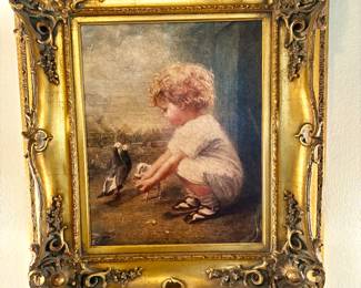 Child With Birds Signed Oil