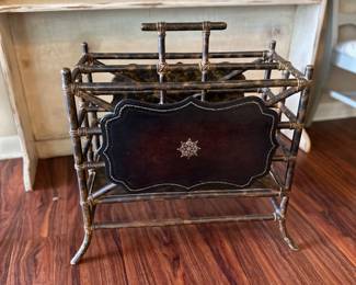  Bamboo & Tooled Leather Magazine Rack Maitland Smith 