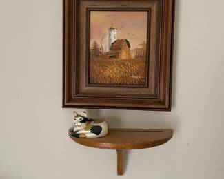 . . . oil painting and slumbering cat on cute shelf
