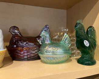 Westmoreland Marble Swirl Milk Glass Rooster & Hen On Nest Dishes