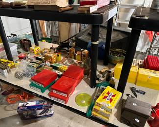 Lots of reloading items. Dies, bullets , ammo and presss. Lots of casings also.
