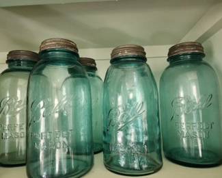 Vintage Ball/Mason Blue Jars (five with lids) 
