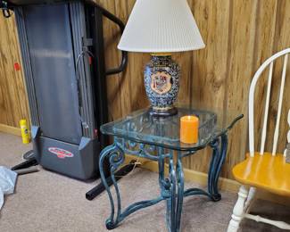 Heavy metal & glass table, pair available & match coffee table on the deck.