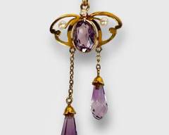 1900s 14k & 10k Yellow Gold Amethyst & Pearl Belle poque Lavaliere Pendant on 16in 14k chain.
