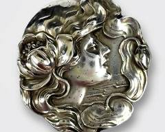 Vintage Art Nouveau Sterling Silver Repousse Flowing Maiden Lady Pin.
