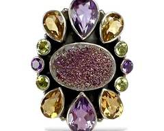 Signed NB Sterling Silver Druzy Quartz, Amethyst, Citrine & Peridot Gemstone Ring. Sz 11, sizable
