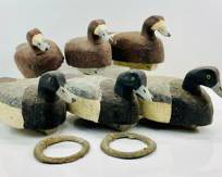 Six Vintage Cork Body Duck Decoys 3 Male 3 Female Hunting RIG
