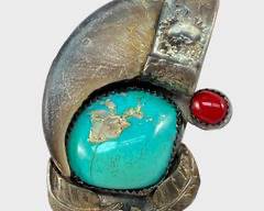 Large Pawn Silver Navajo Turquoise Claw & Coral Statement Ring Size 10.25
