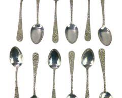 12 Vintage Stieff Sterling Repousse 5 1/16 in. Teaspoons Lite Mono- Exc
