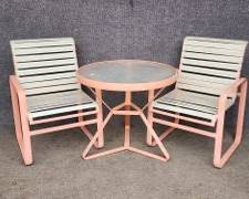 Vintage Aluminum Mid Century Modern MCM Art Deco Style Salmon Colored Table with 2 Chairs
