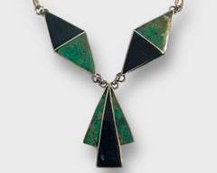 Fine Sterling Silver Onyx Turquoise Inlay Art Deco Statement 17 Necklace
