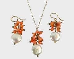 Fancy Gold Filled Coral & Baroque Pearl Dangle Earrings Necklace Set
