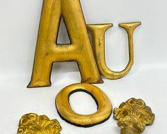 Set of antique 19th century Carved gilt wood letters and decorative brass finials
