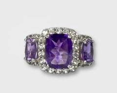 Lovely Sterling Silver Amethyst 3 Stone Halo Ring. Sz 7, sizeable
